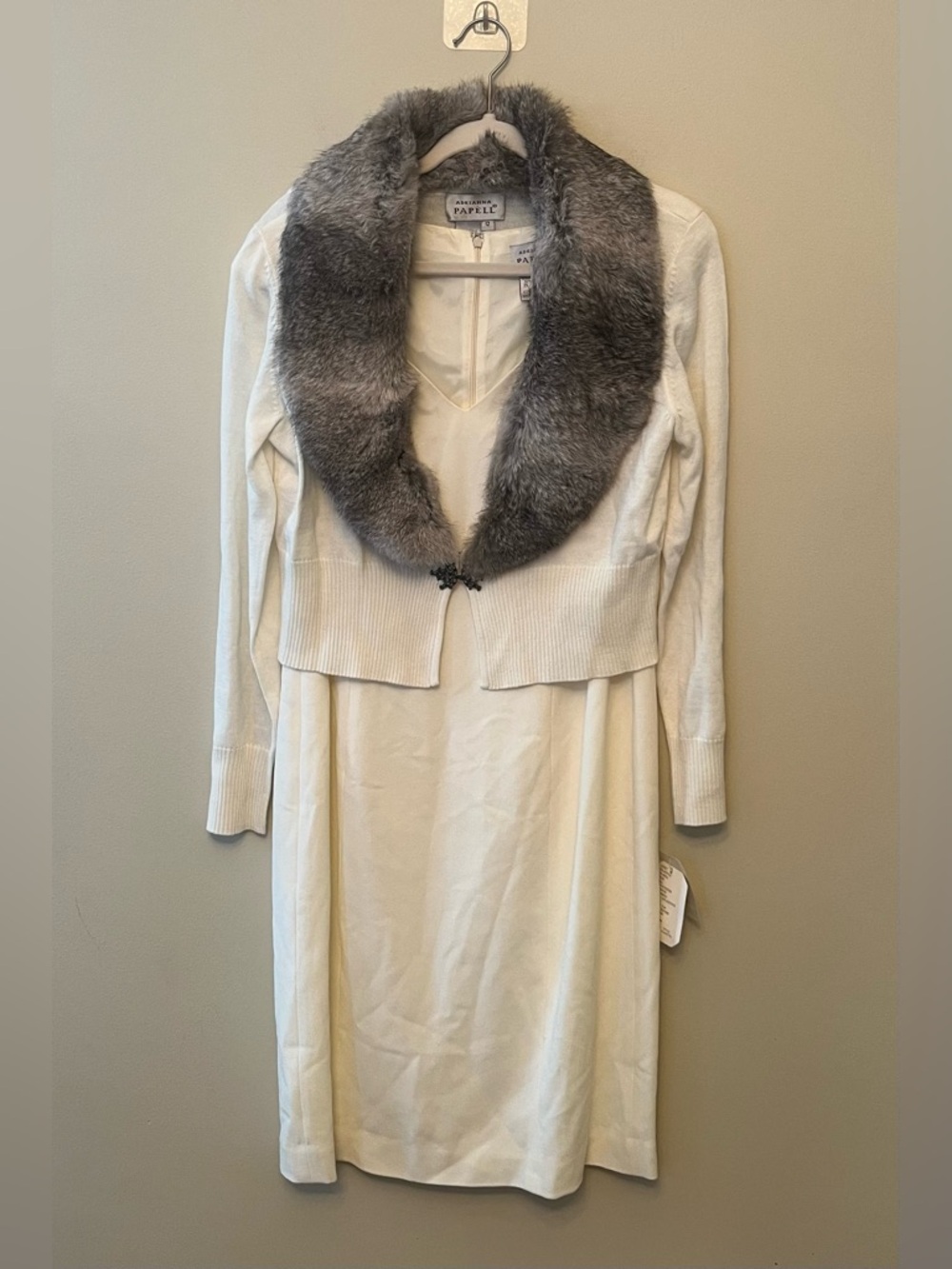 NWT Vintage Adrianna Papell Dress Cardigan Set Faux Fur Wool Blend Women's 12